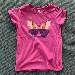 Tea Collection Pink and Orange Short Sleeve Tee with Playful Butterfly